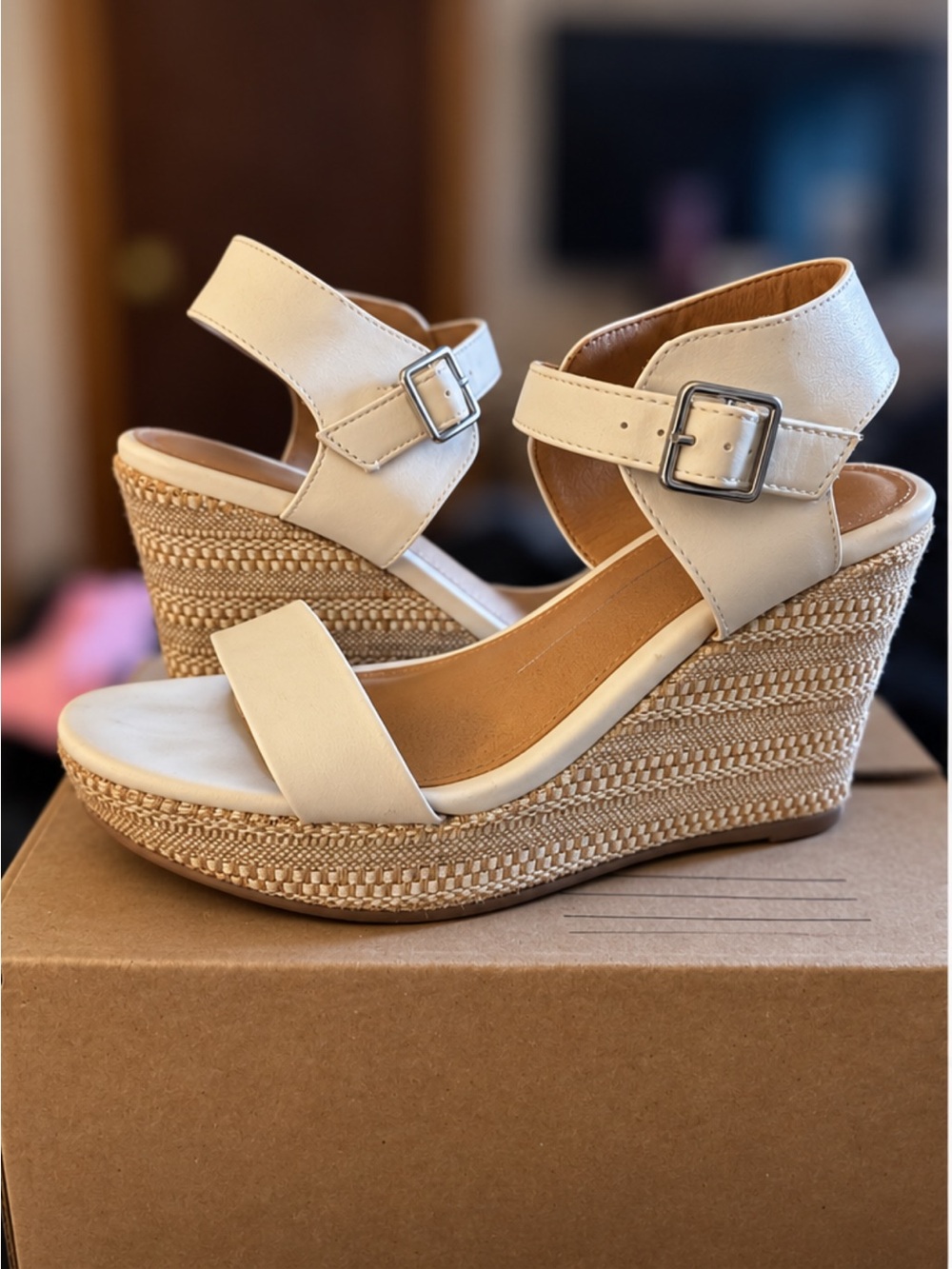 Report Cream Wedge Espadrille Sandals with Ankle Buckle